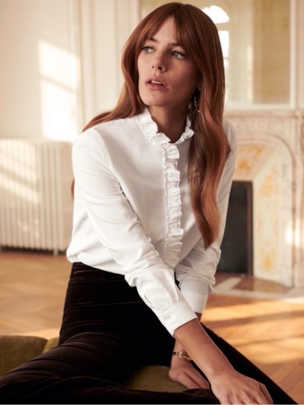 Sézane White Ruffle Blouse NWT Size 38 – Blue Stain